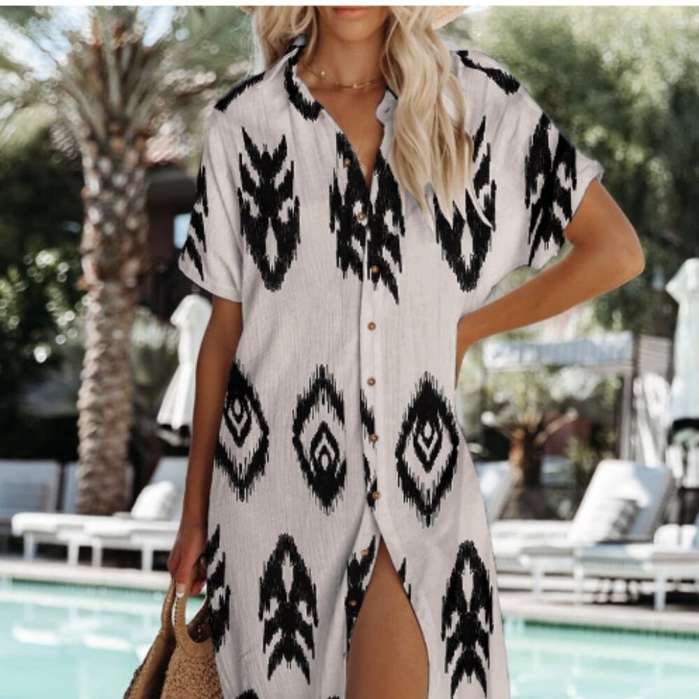 Black Abstract Print Split Maxi Dress/Coverup